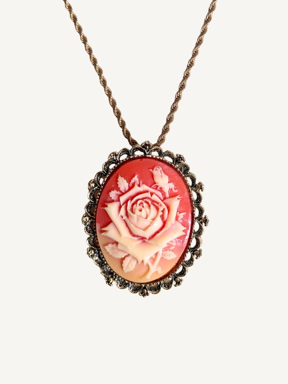 Rose Cameo Brooch / Pendant Necklace Vintage Gold Tone Coral Pink